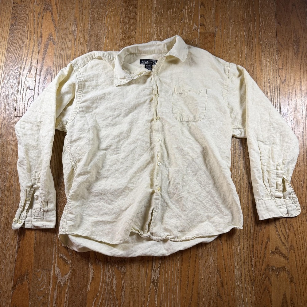 Coastal Beach Linen Shirt Mens XL Pale Yellow Riggings Solid Button Up Light